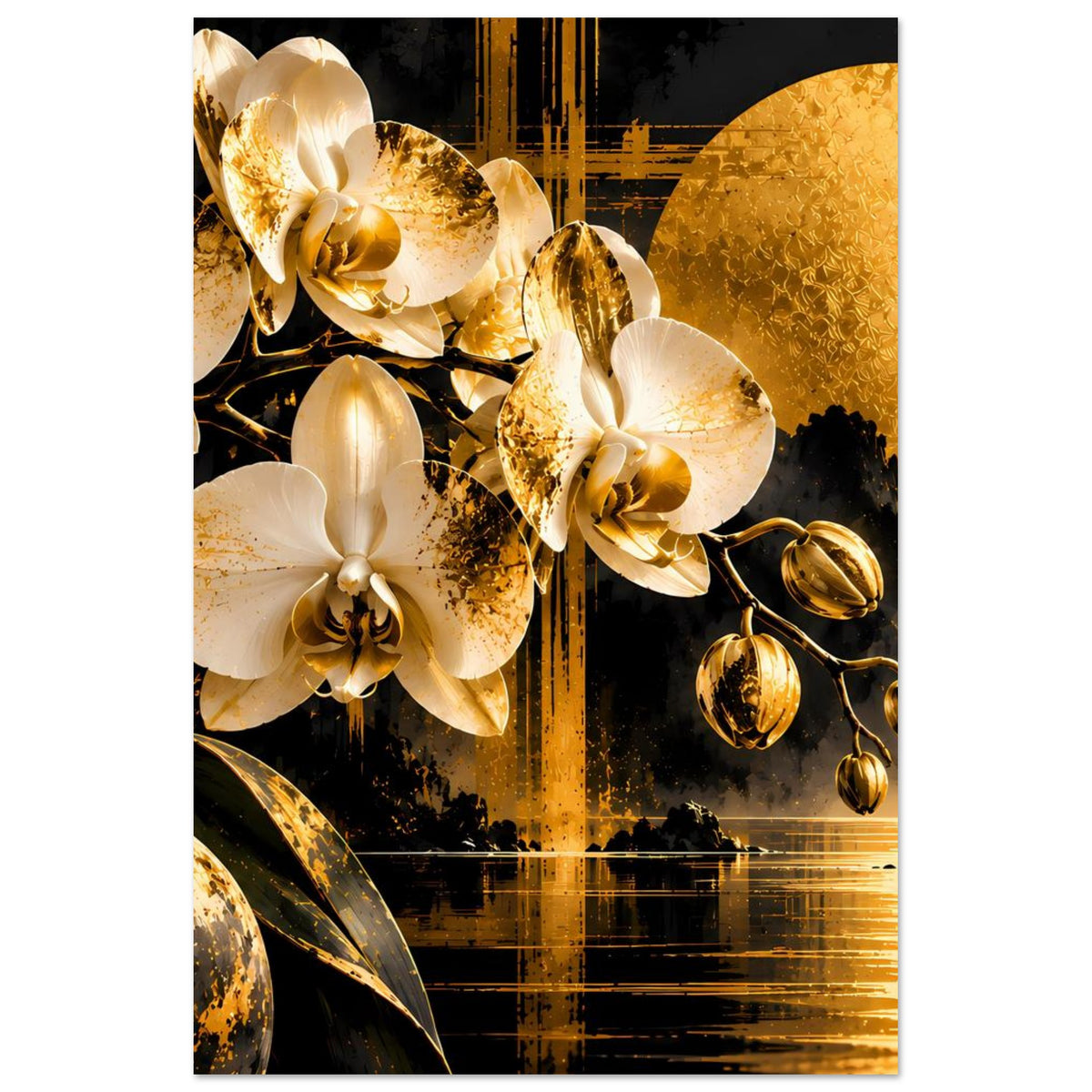 Orchideenposter mit gold-spritzenden Blättern, weißen Orchideen und goldener Mondform