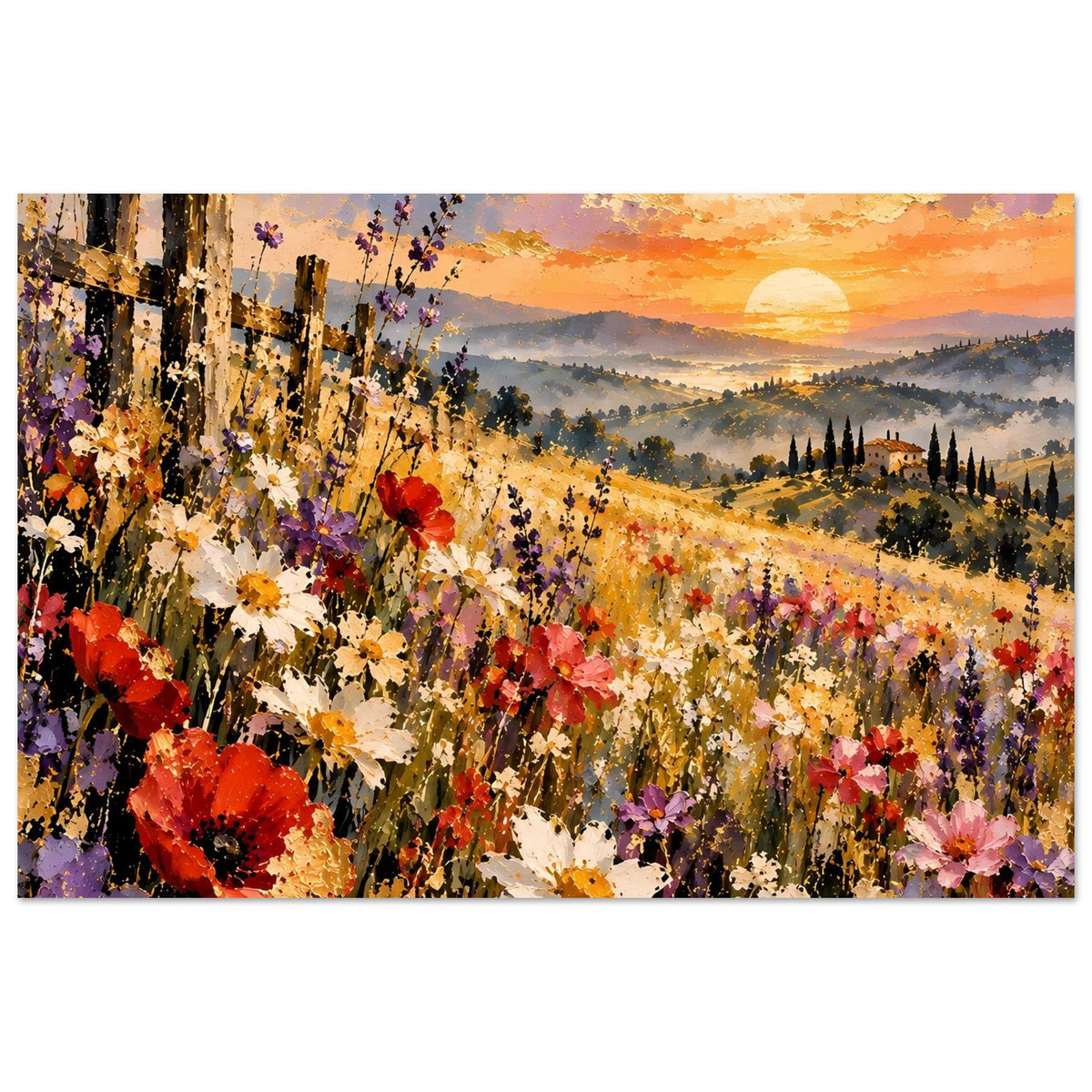 Landschaftsposter: bunte Blumenwiese mit Sonnenuntergang und Mohnblumen im Vordergrund
