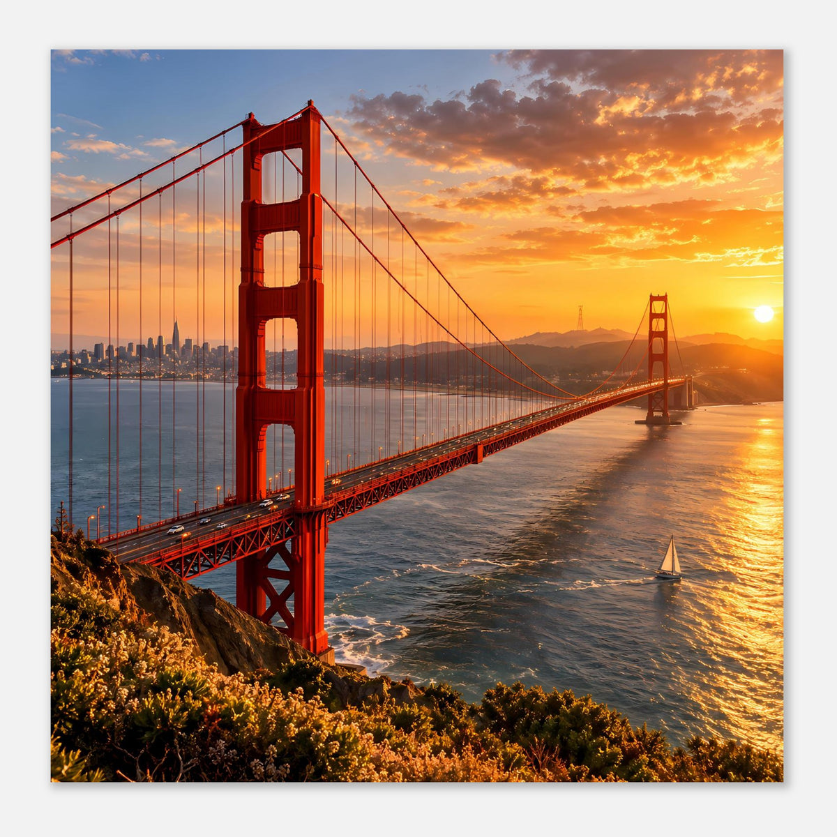 Vertikales Poster mit roter Hängebrücke bei Sonnenuntergang, Wasser und Segelboot