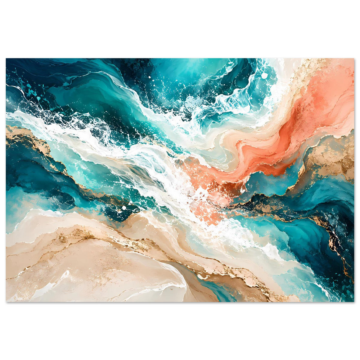 Kunstposter mit abstrakten Marmor- und Wellenwirbeln in Türkis, Blau, Creme und Koralle (querformat)