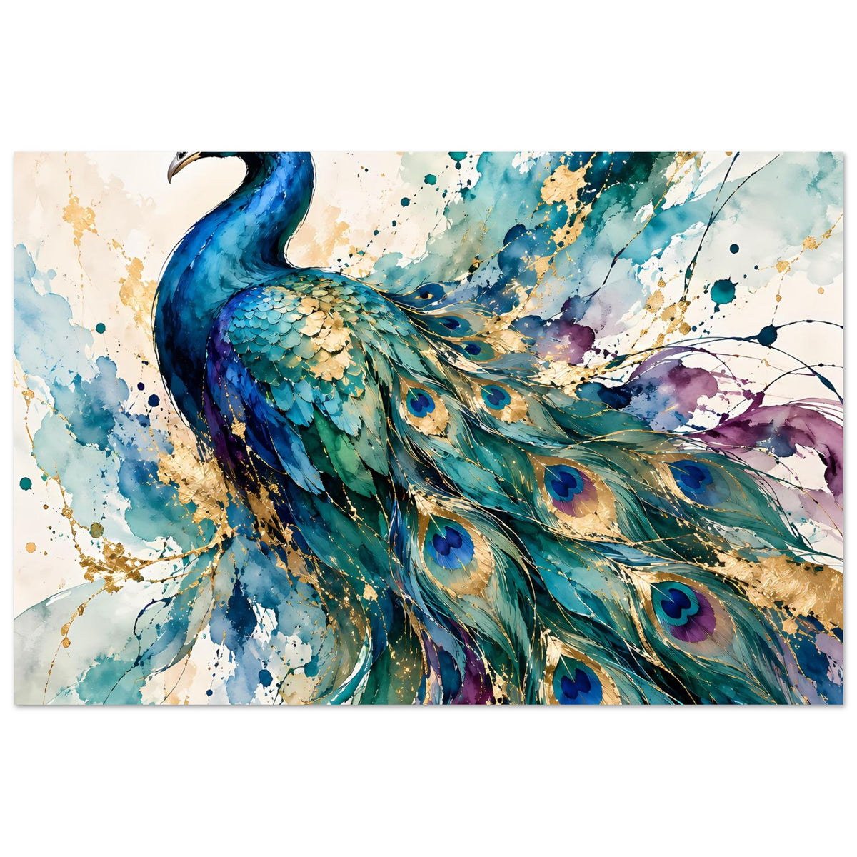 Aquarell-Pfau-Poster (Querformat), Pfau mit blauem Hals und violett-goldenen Schmuckfedern