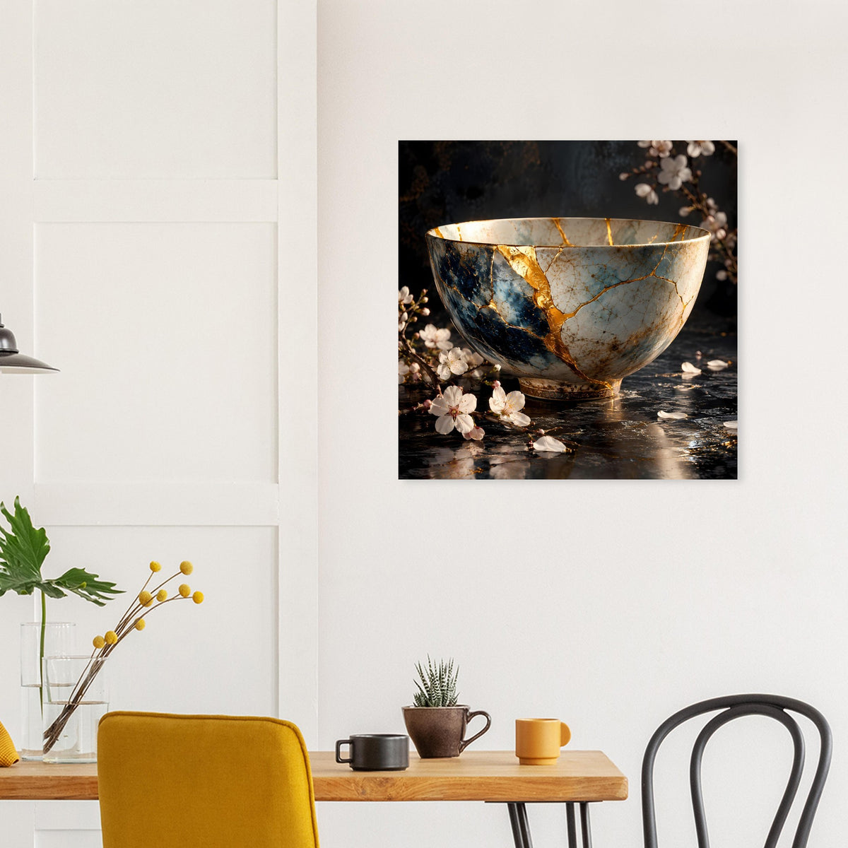 Kintsugi-Elegance-Poster: goldene Schale mit Adern, Blumen vor spiegelndem Boden
