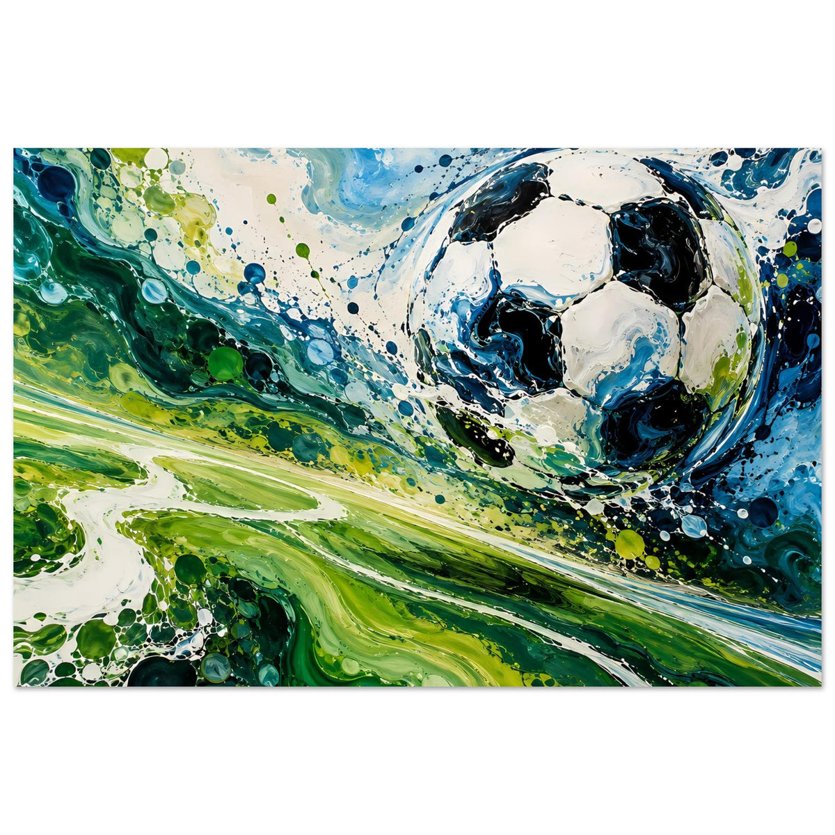 Abstractes Fußballkunstposter im Querformat, klarer Fußball im Zentrum mit Blau-Grün-Kontrast