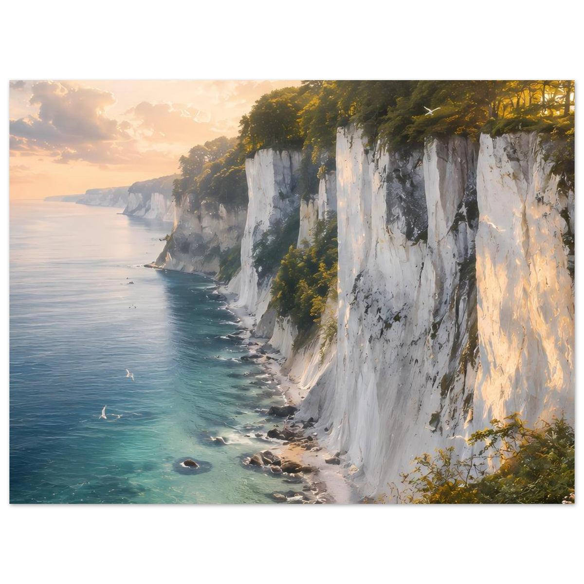 Poster mit Küstenlinie: türkisblaues Meer, weiße Kreidefelsen, grüne Vegetation an den Klippen