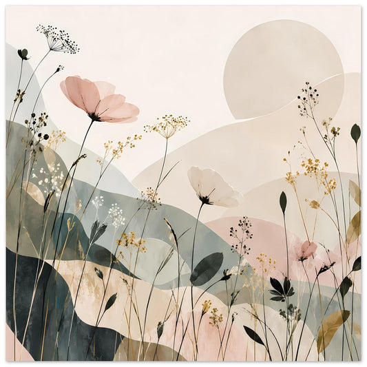 Blumen-Abstract-Poster mit pastelligen Blüten, Gräsern und Blättern auf mattem Papier