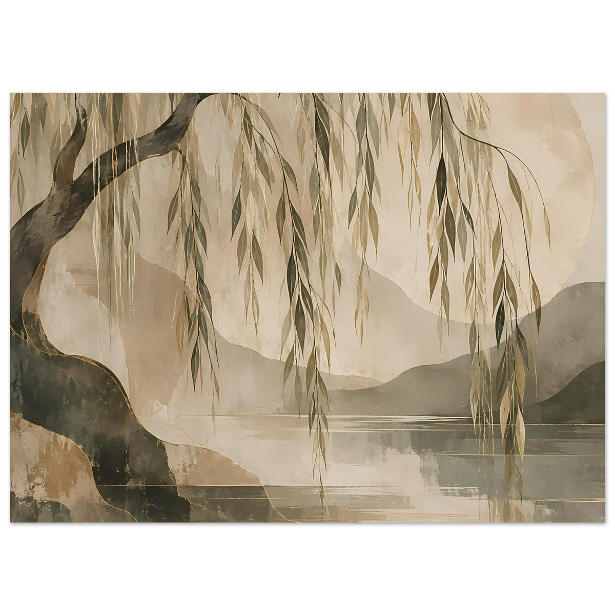 Artposter im Querformat mit Weidenzweigen, wolkigem Himmel und Hügeln in gedämpften Erdtönen