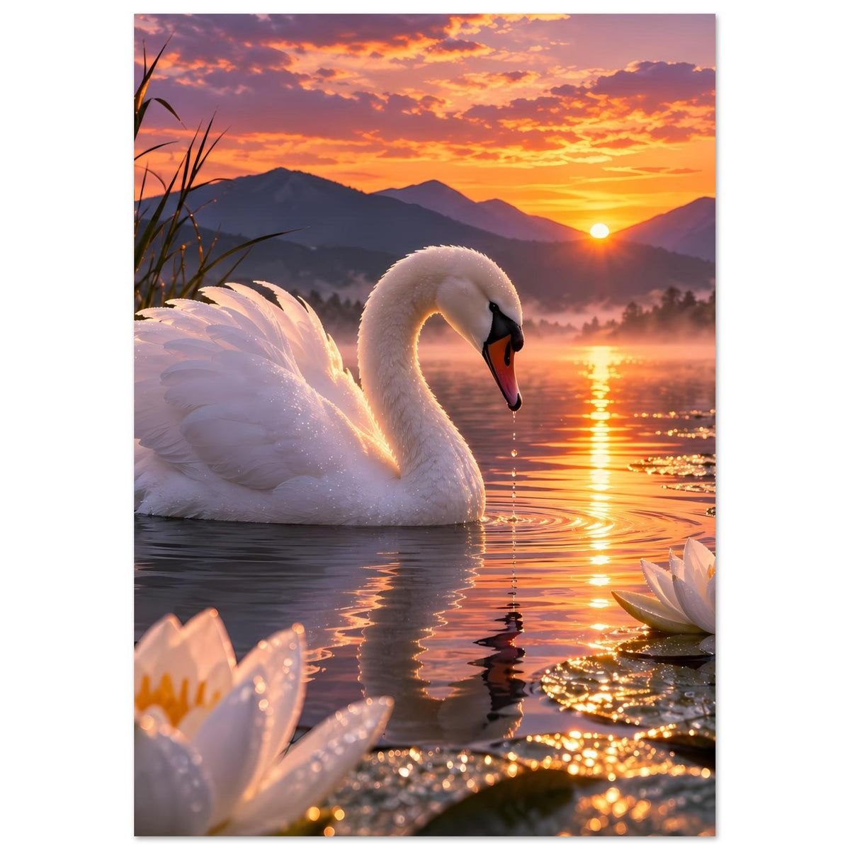 Poster im Hochformat: weißer Schwan auf Wasser, Seerosen rechts und Berge im Hintergrund