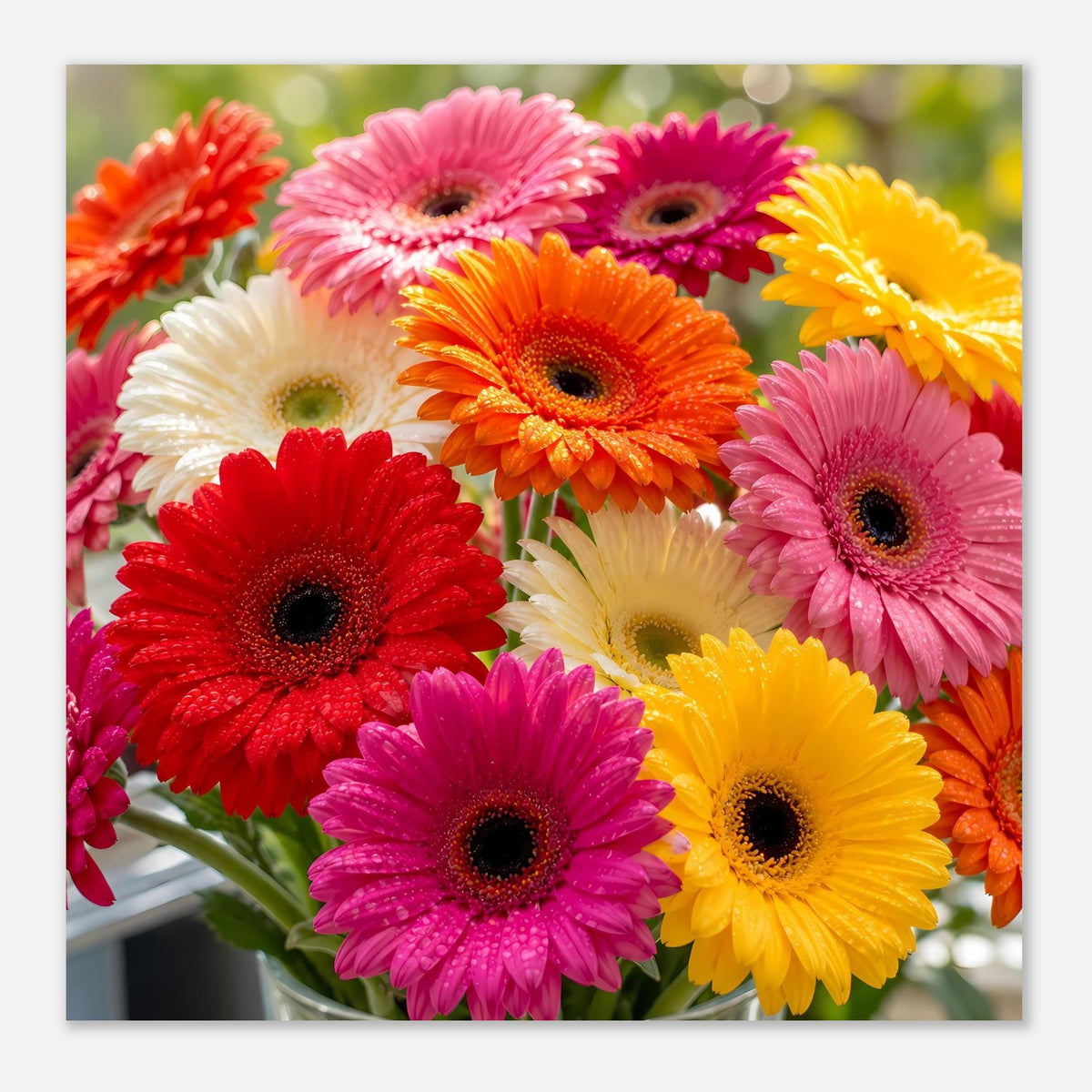 Nahaufnahme Gerbera-Blumenstrauß Poster im Rahmen, dichtes Blütenmotiv in kräftigem Farbmix
