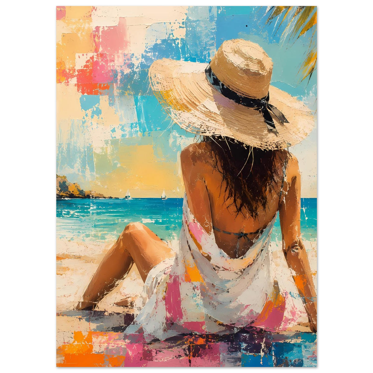 Sommerposter mit Frau im Strohhut, Rückenansicht, sitzend am Strand