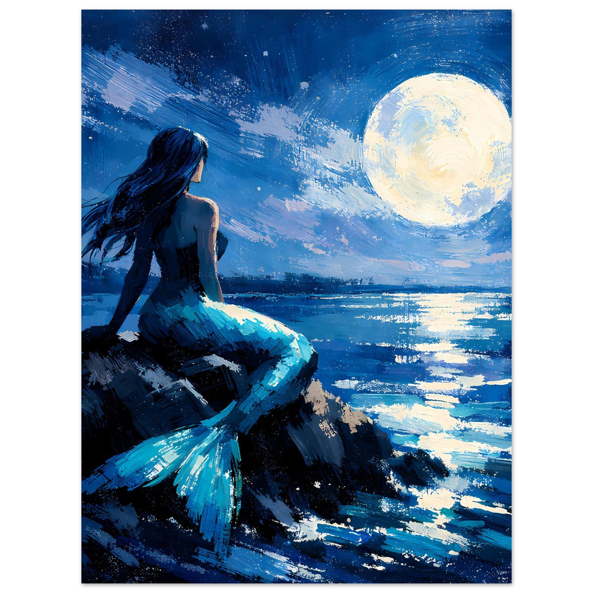 Kunstposter mit Meerjungfrau am Wasser, dunkles Blau und helle Mondeinstrahlung