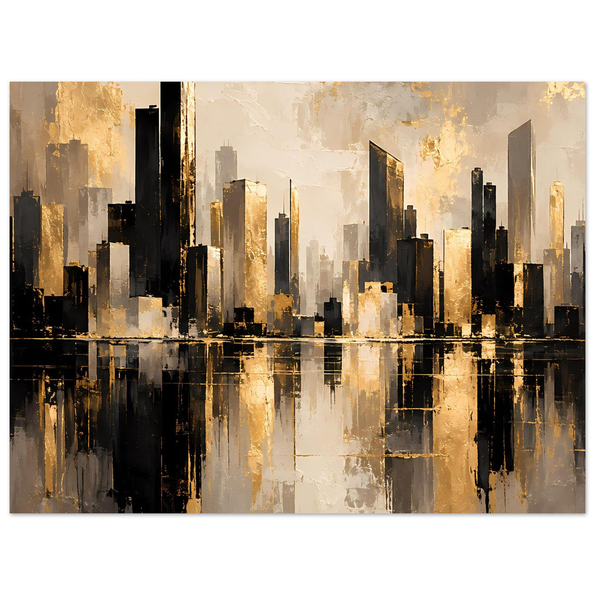 Horizontales Poster: goldene Architektur-Details, dunkle Hochhäuser und Reflexion im Wasser