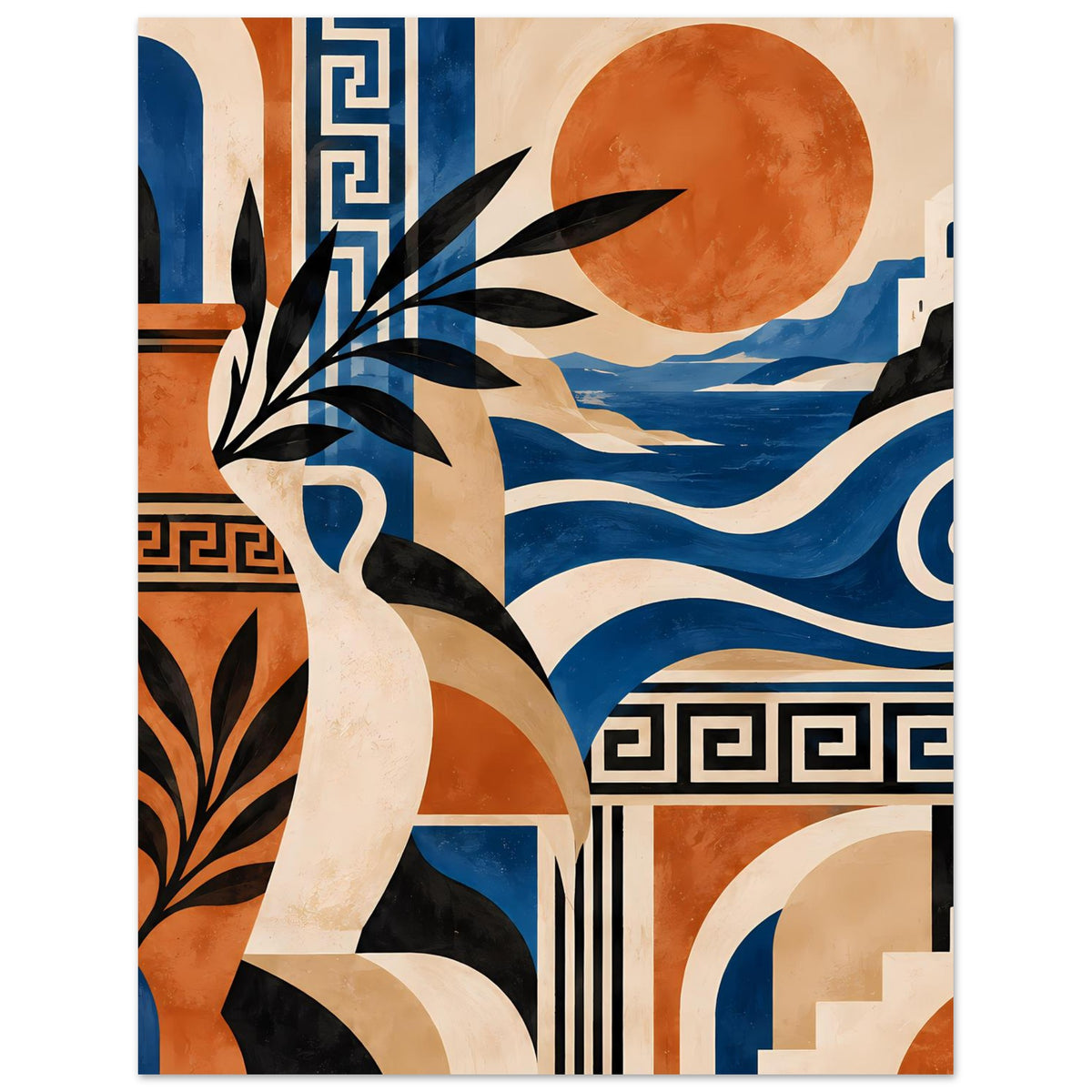 Hochformat-Kunstposter: Aktfigur links, orange Sonne rechts, blaue Wellen und Musterrahmen