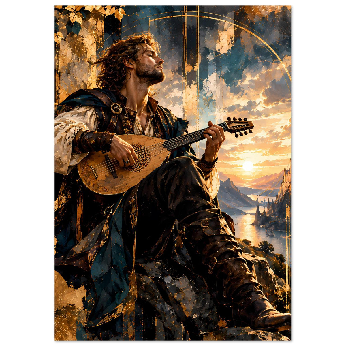 Fantasy-Barden-Poster: Gitarrist im wehenden Mantel bei goldenem Sonnenuntergang
