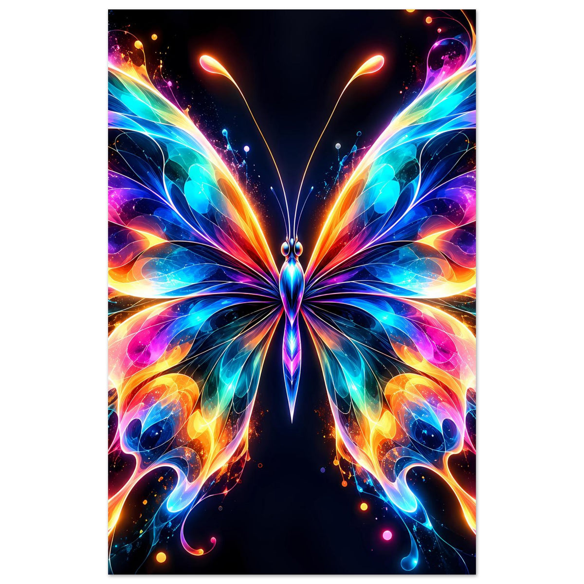 Schmetterlingsposter im Hochformat, neonfarbene Fächerflügel mit bunten Farbverläufen