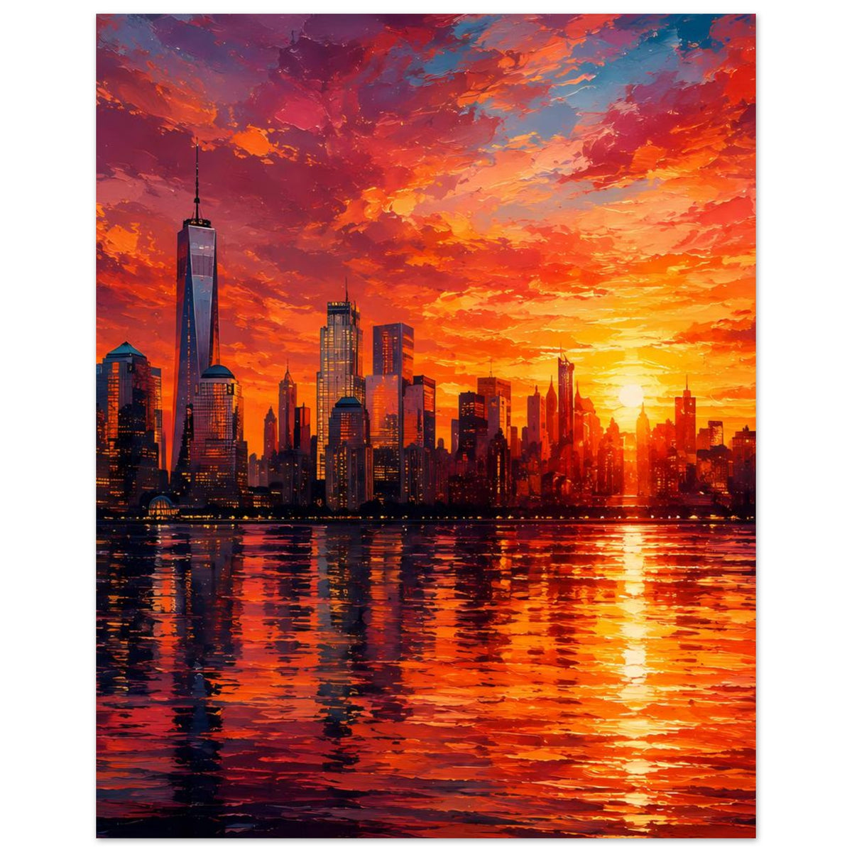 Poster mit New-York-Skyline und One World Trade Center, orangefarbener Himmel und spiegelndes Wasser