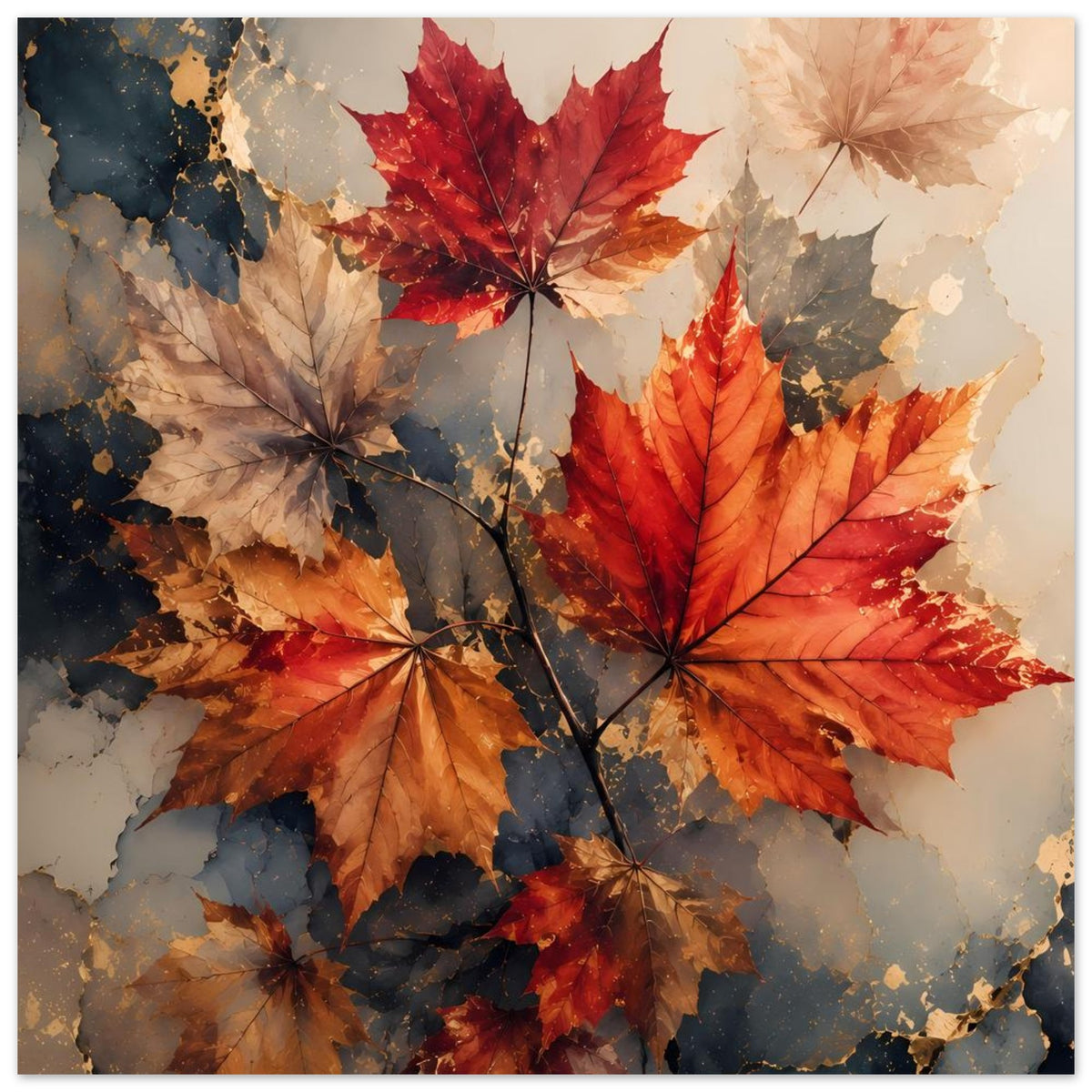 Herbst-Poster mit roten Ahornblättern und orangefarbenen Blättern in abstrakter Collage