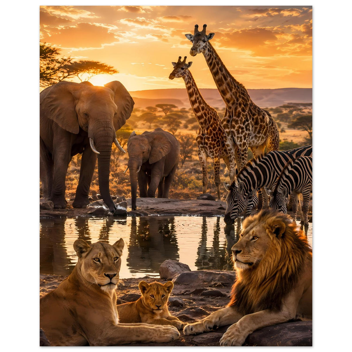 Poster mit afrikanischen Safari-Tieren: Giraffen, Elefanten, Löwen und Zebra bei Sonnenuntergang