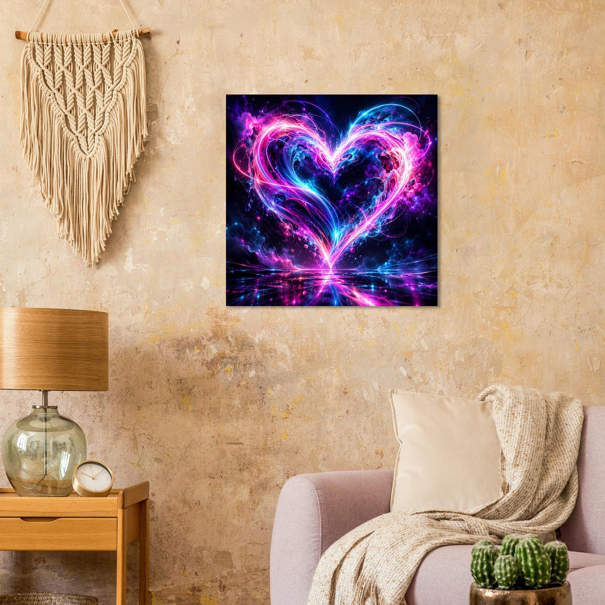 Wandposter mit leuchtendem Neon-Herz in Pink und Blau auf dunklem Hintergrund