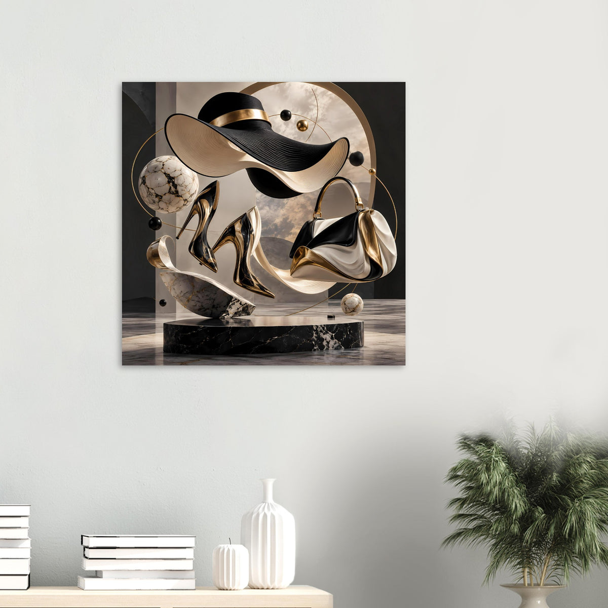 Abstraktes Fashion-Poster mit Schuhen in Schwarz und Gold, Handtasche und Kugeln