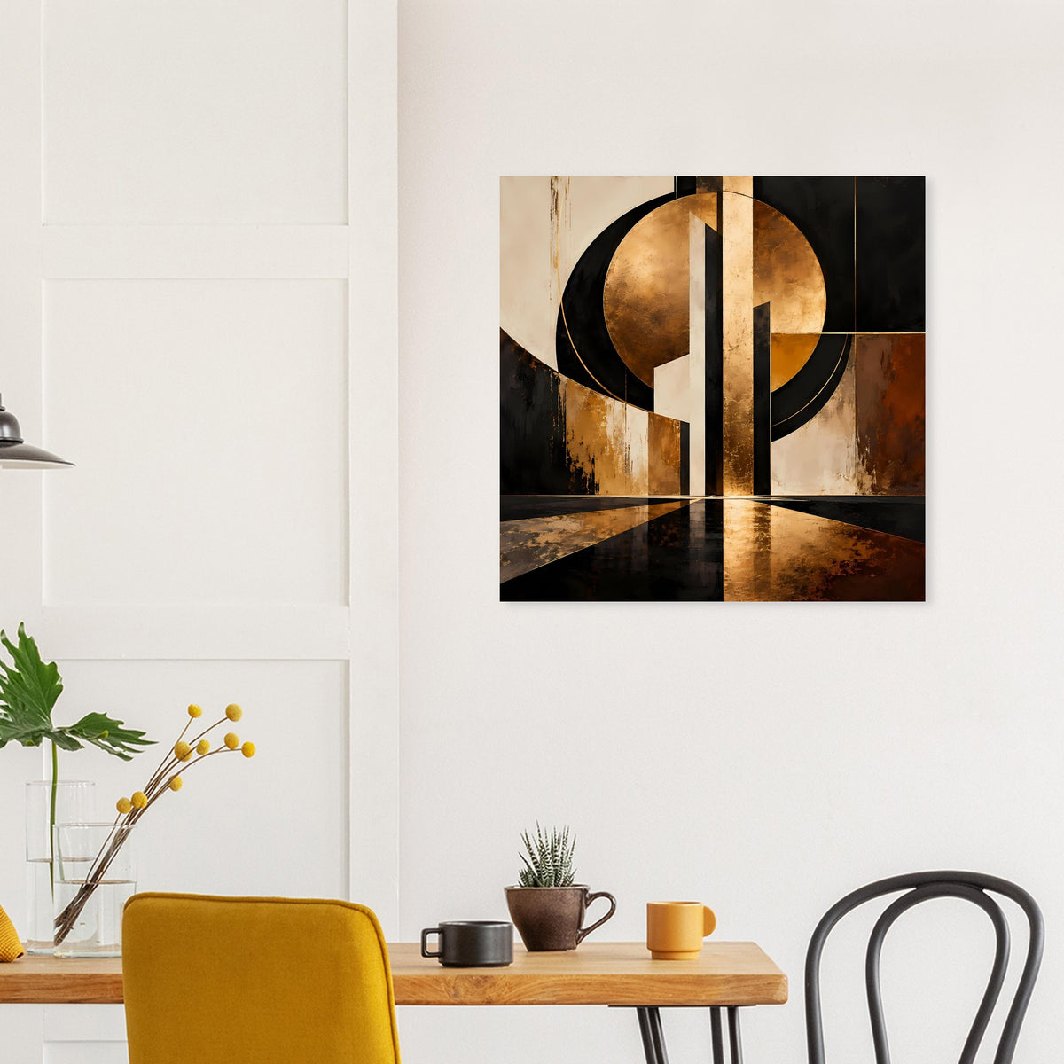 Abstraktes Gold-Schwarz-Poster mit kreisförmigen Segmenten und senkrechtem Streifen