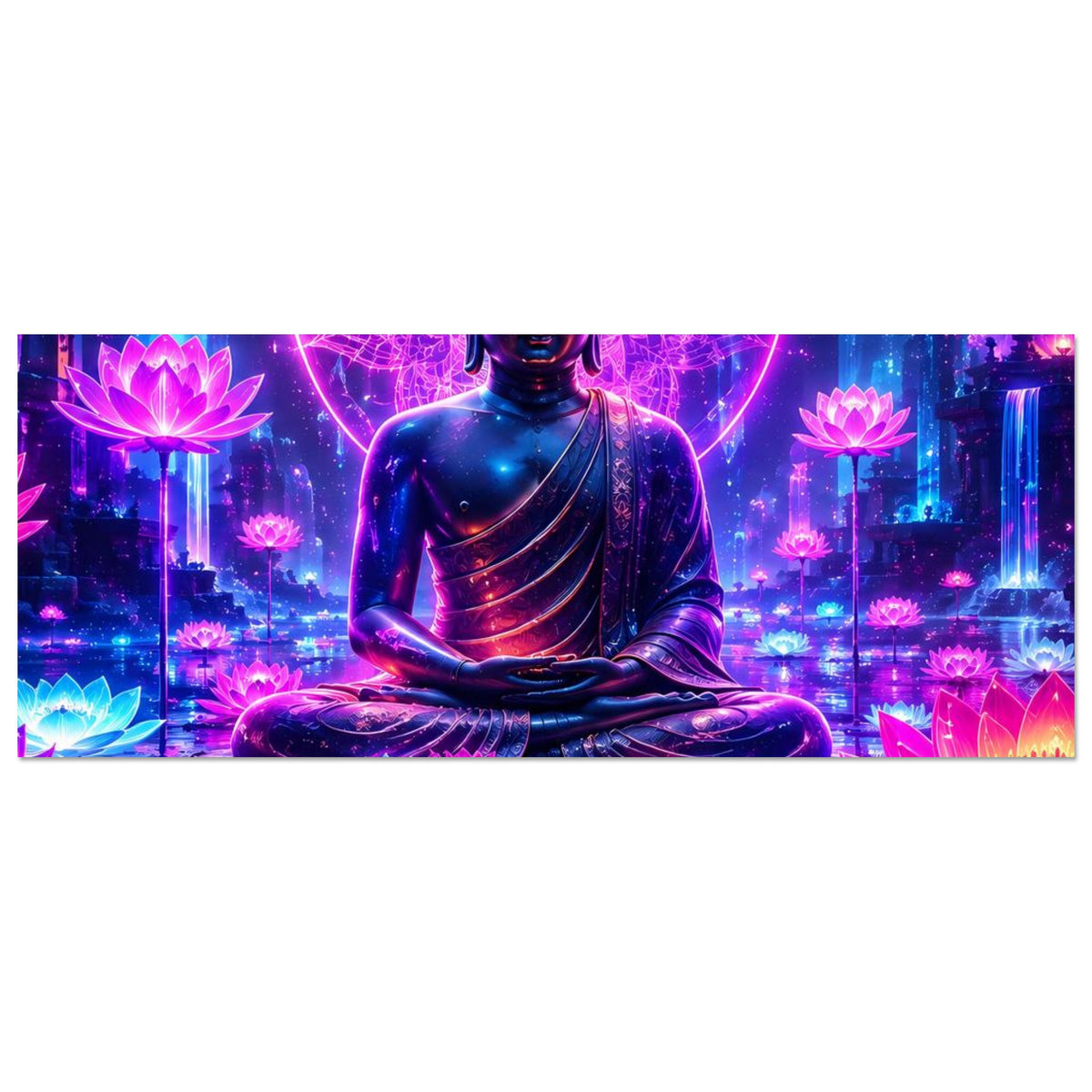 Querformat-Poster: sitzender Buddha im Lotussitz mit leuchtenden Lotusblüten