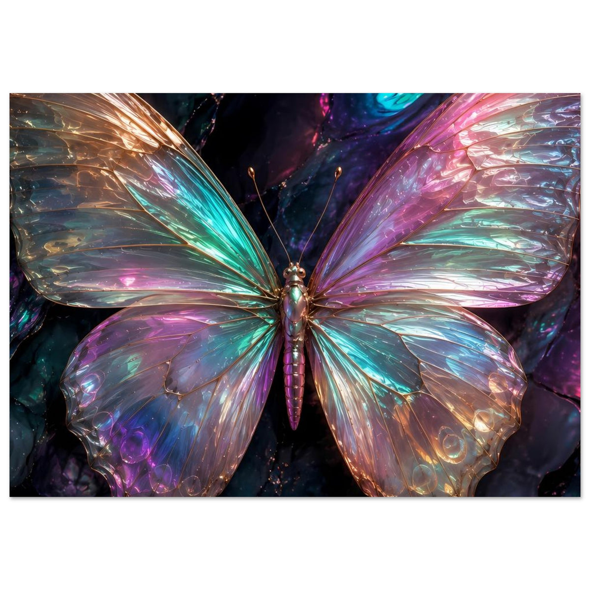Poster mit Schmetterling in Polarfarben, leuchtende Flügel in Blau-, Lila- und Goldschimmer