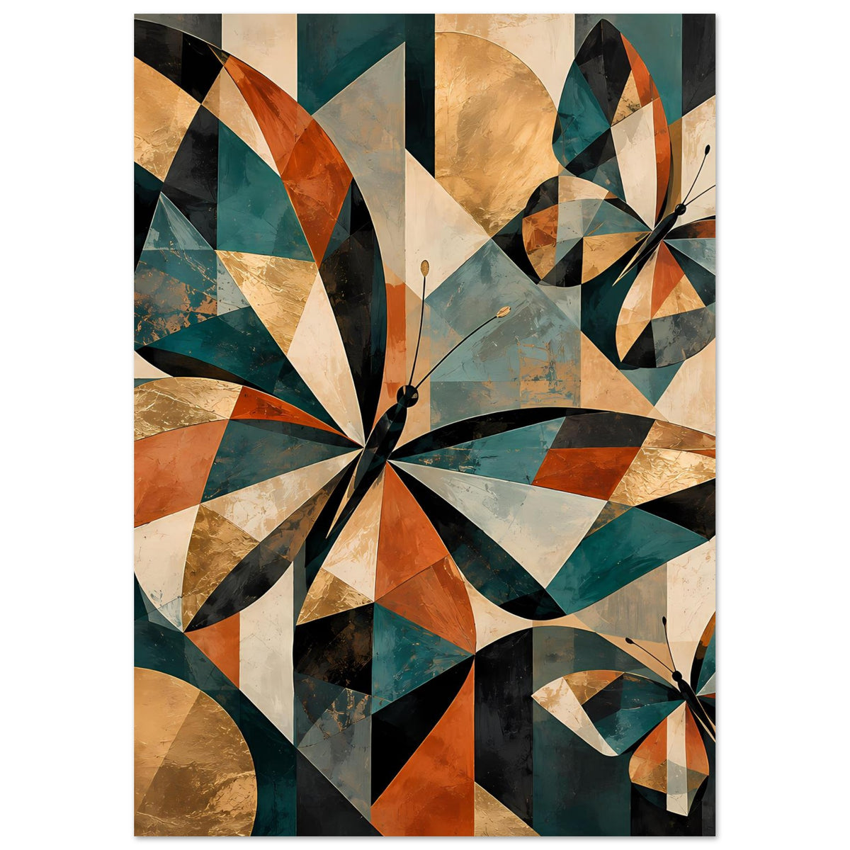Gerahmtes Kunstposter: geometrische Schmetterlinge in warmen Erdtönen, schwarz, türkis und gold
