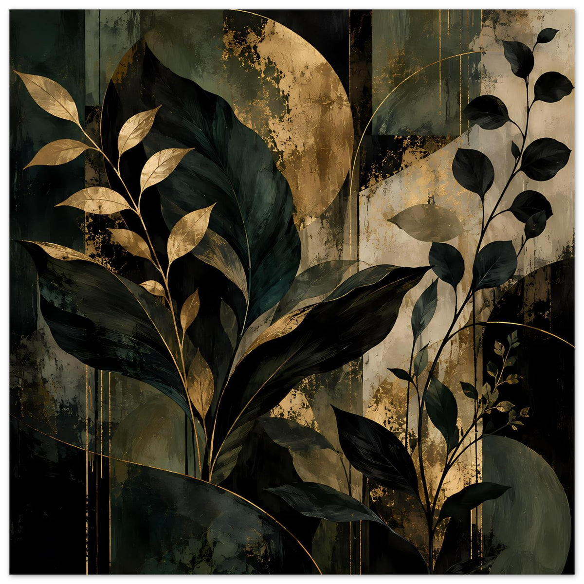 Kunstposter im Hochformat mit botanischem Muster: dunkelgrüne Blätter, goldene Akzente