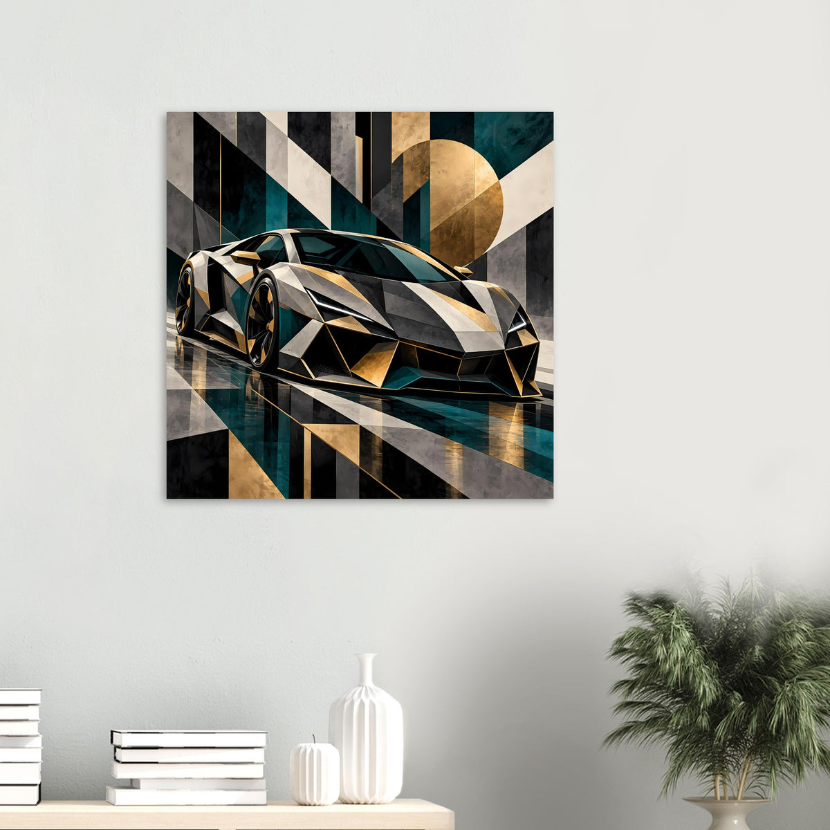 Kleines Autoposter: Sportwagen-Design mit goldenen Linien und petrolfarbenen Flächen