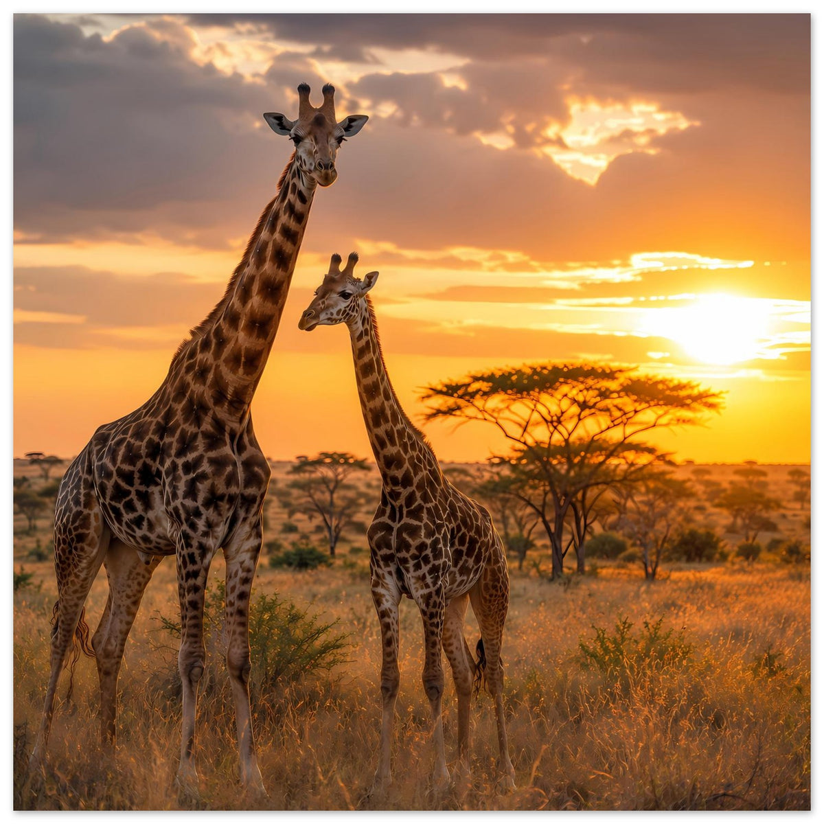 Poster mit Giraffen im warmen Sonnenuntergang, orange-goldener Himmel und weite Steppe