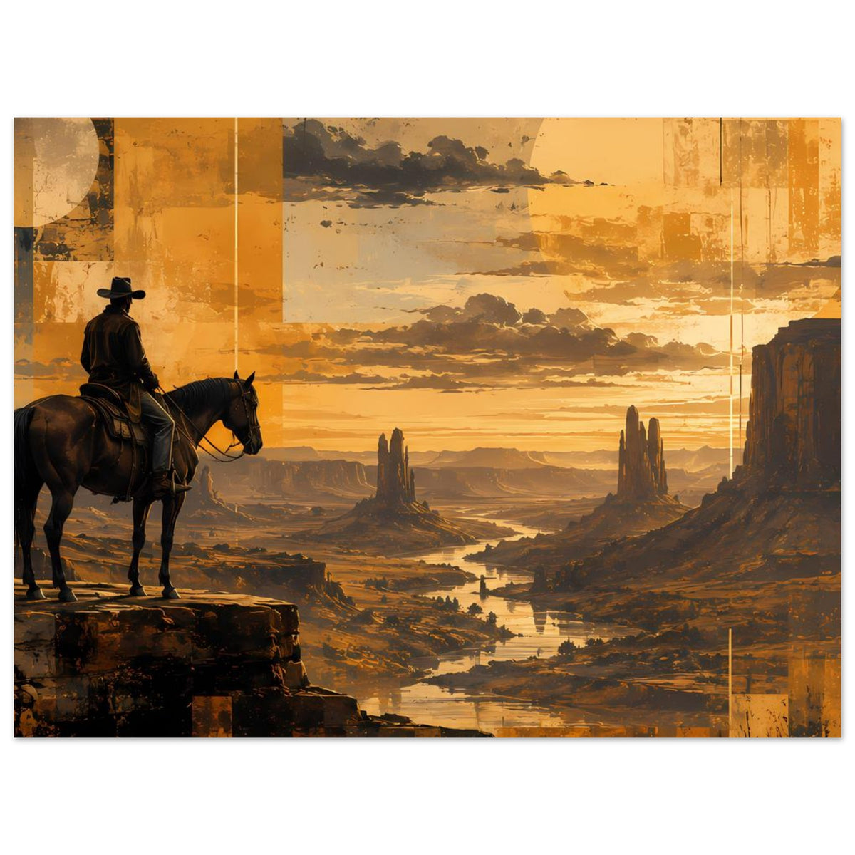 Western-Sunset-Poster mit Cowboy auf Pferd links, Schluchtlandschaft und Abendsonne