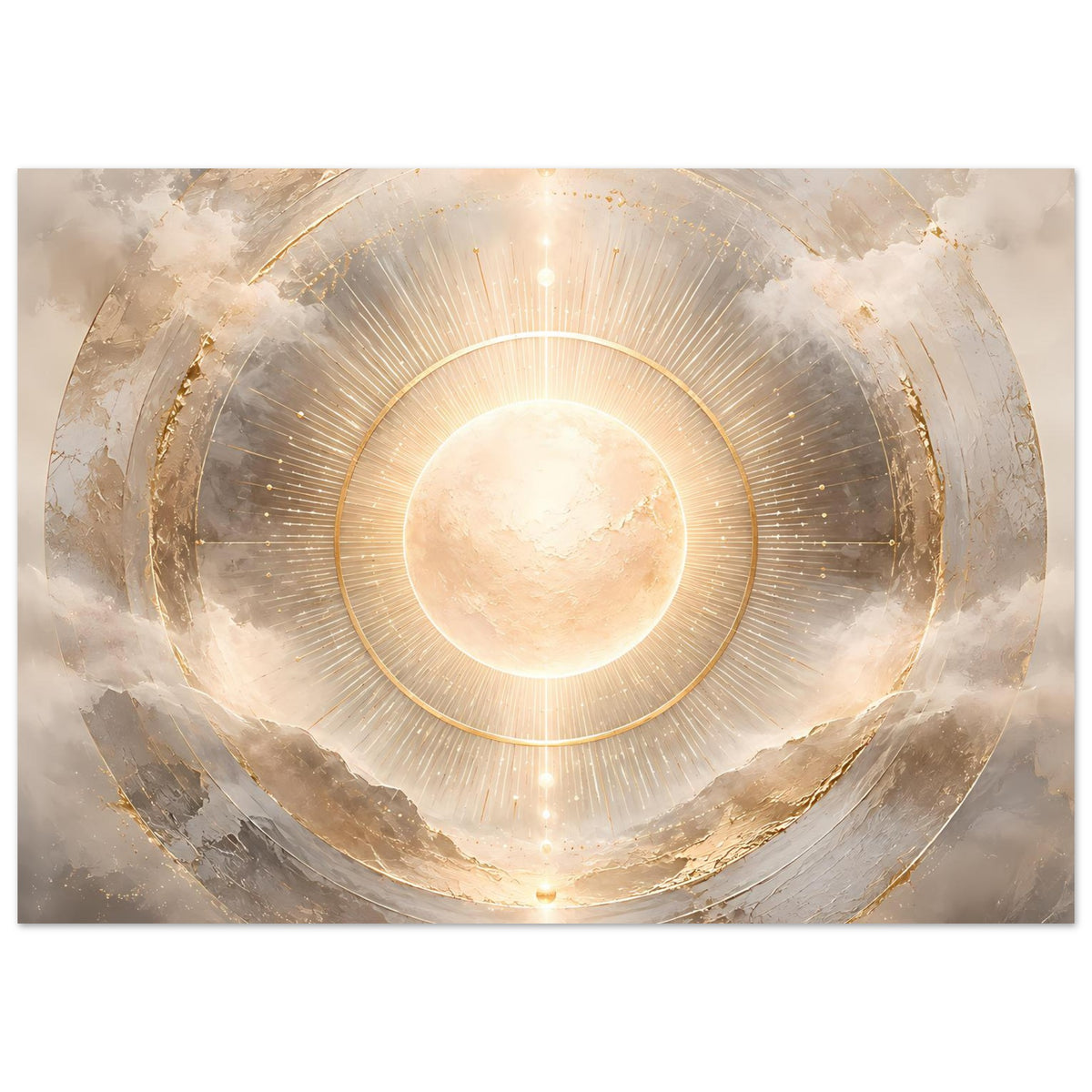 Kosmos-Poster mit zentraler Sonnenscheibe, konzentrischen goldenen Ringen und Strahlen, querformat