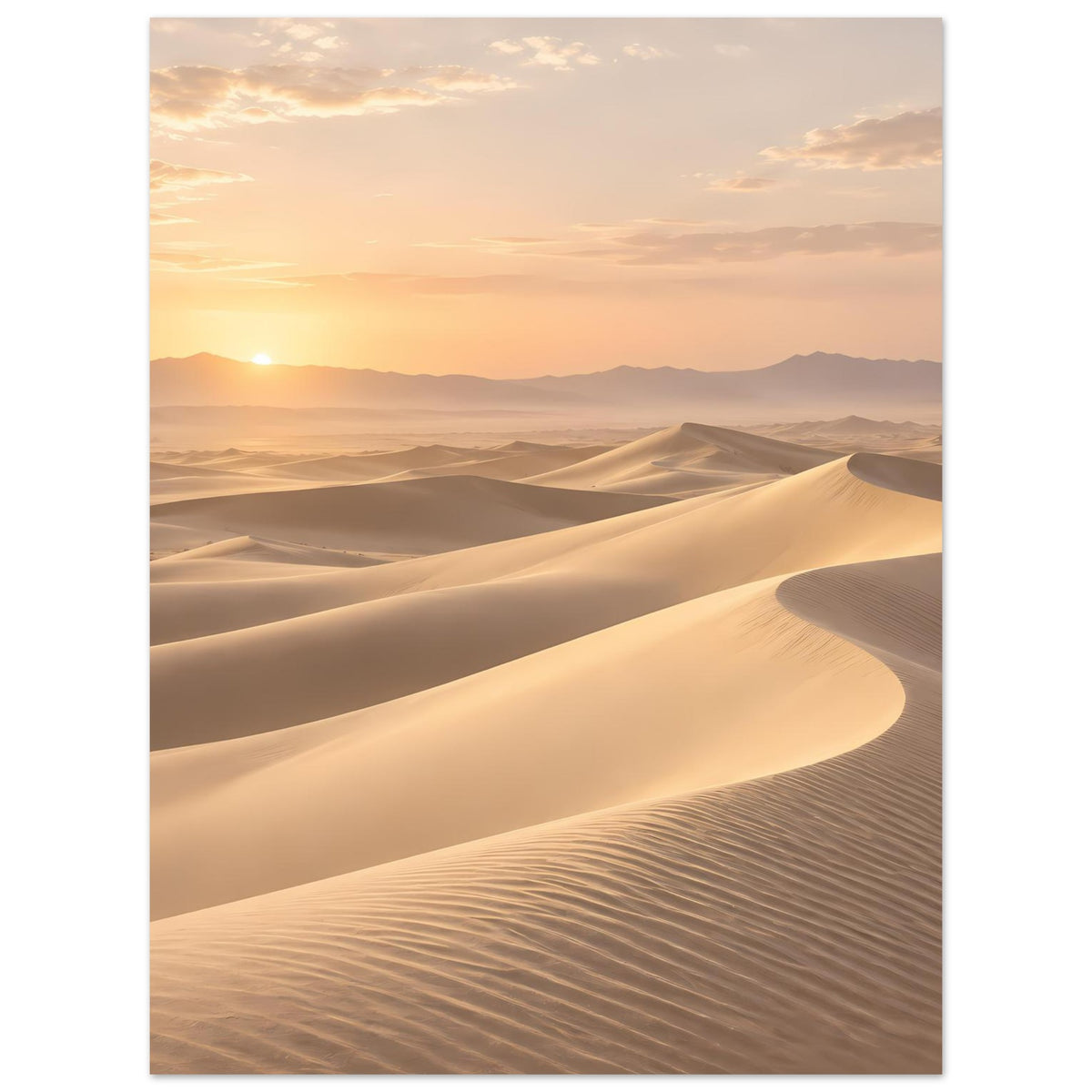 Wüstenposter im Hochformat mit goldener Morgensonne über hellen Sanddünen