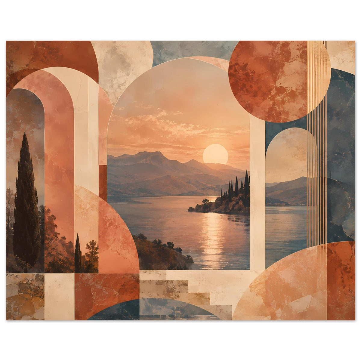 Abstraktes Poster: Landschaft bei Sonnenuntergang in warmen Erdtönen mit geometrischen Formen