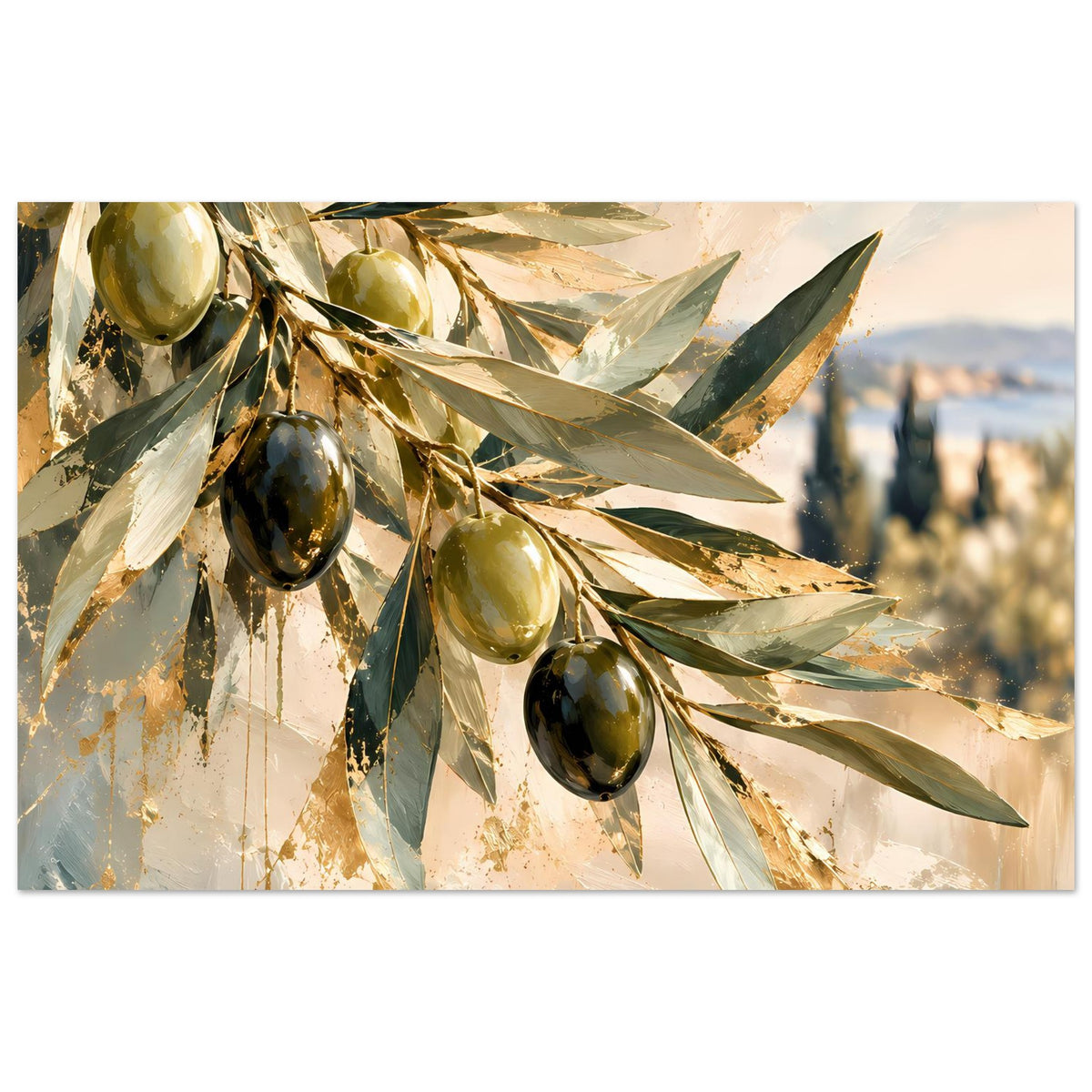 Kunstposter mit Olivenzweigen und ovalen Oliven, horizontal gerahmt, abstrakter Gold-/Grünlook