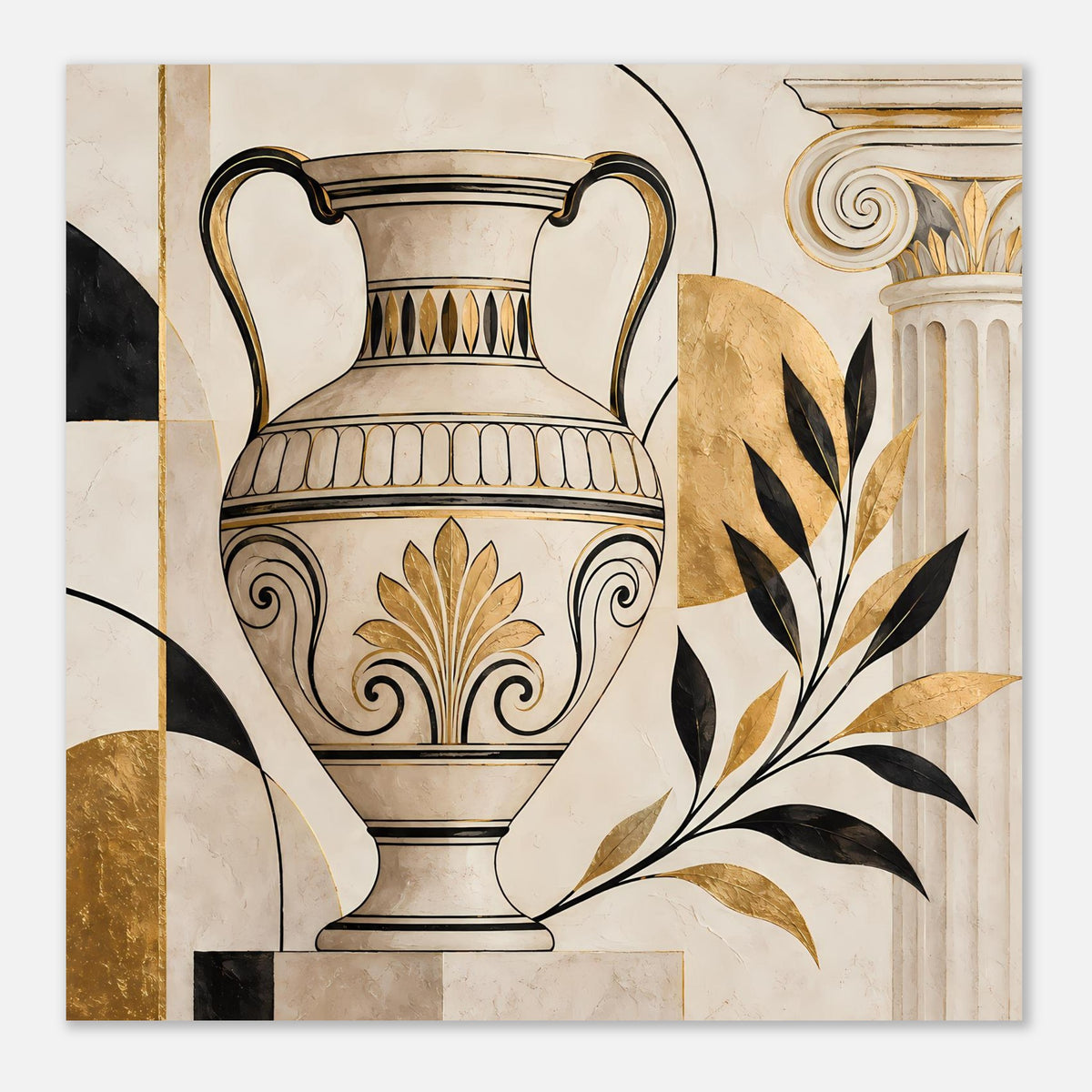 Wandposter mit Amphore und Blattranken, goldene Verzierungen in Schwarz und Creme
