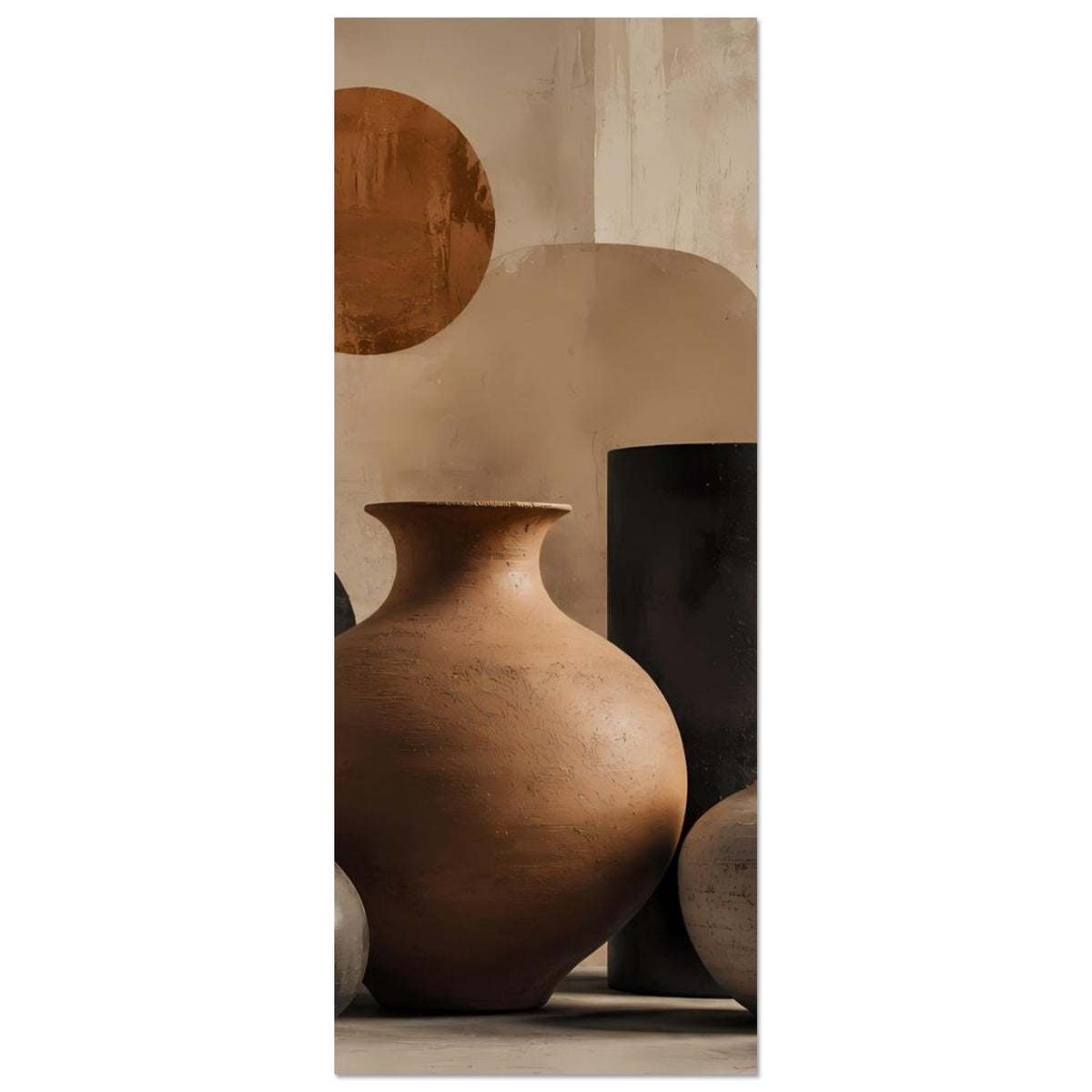 Vertikales Poster mit bauchiger Terrakotta-Keramikvase und beigegrauer Vase rechts.