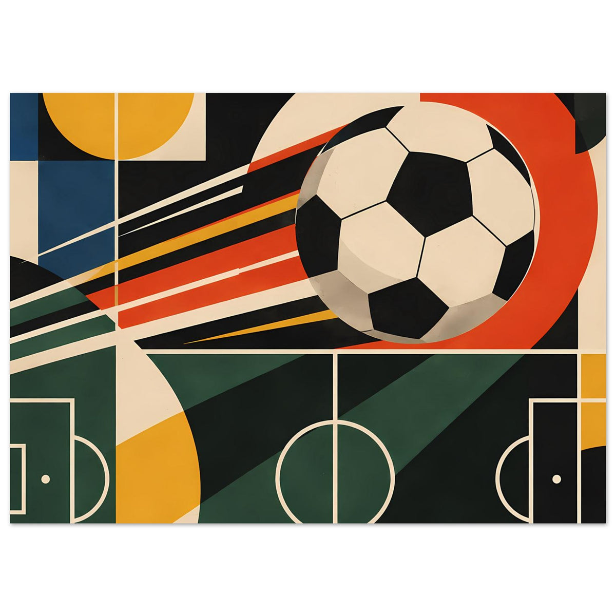 Fußballkunst-Poster im Rahmen: großer Ball, Torelemente und diagonale Linien in bunten Farben.