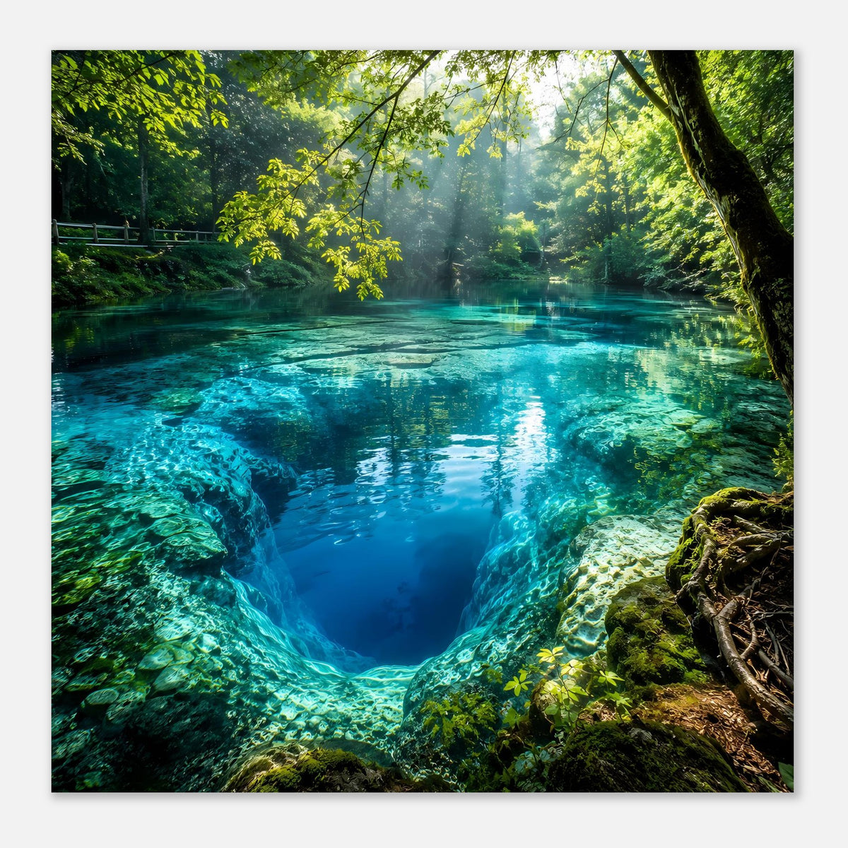 Quadratisch wirkendes Poster: Waldquelle mit blaugrünem Wasser, Felsgrotte und moosigem Rand.