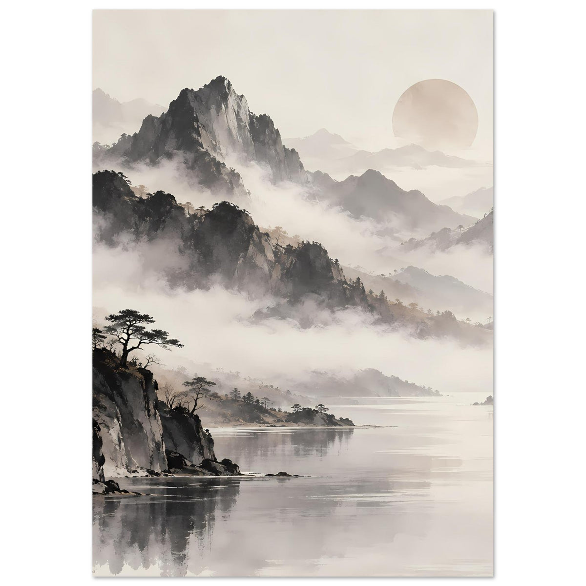 Vertikales Poster im Rahmen mit Berggipfeln im Nebel, Flusskante und einzelnen Baumformen