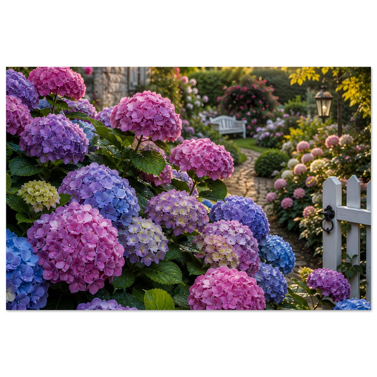 Horizontales Gartenposter mit violetten Hortensien, weißem Zaun und Laterne im Garten