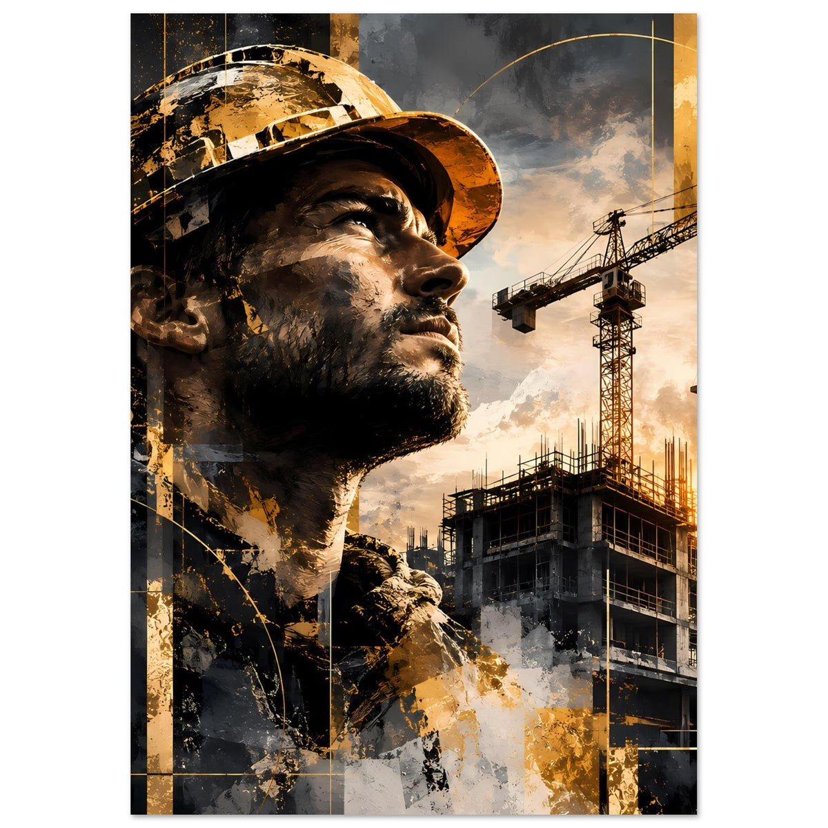 Bauarbeiter-Porträt-Poster mit Helm im Fokus, Hintergrund mit Baukränen und Gerüst