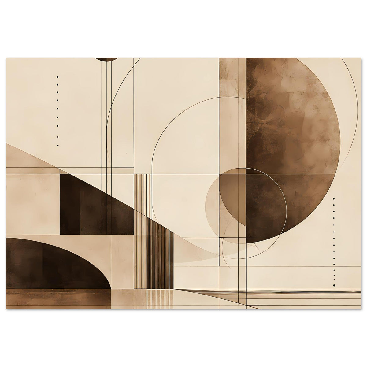 Geometrischer Kunstdruck, schmaler Ausschnitt: Kreis rechts, Punkte links, Linien.