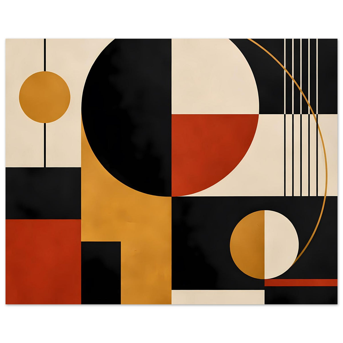 Geometrischer Kunstdruck mit großem Kreis, rotem Halbkreis und Linienreihen rechts