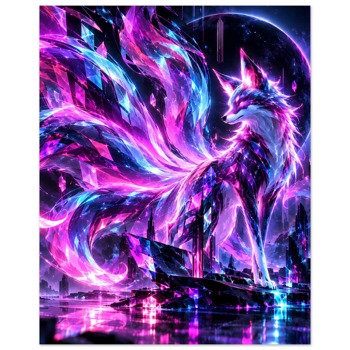 Fantasy-Poster mit Neon-Fuchsprofil, violett-blauen Kristallstrahlen und funkelndem Lichtreflex