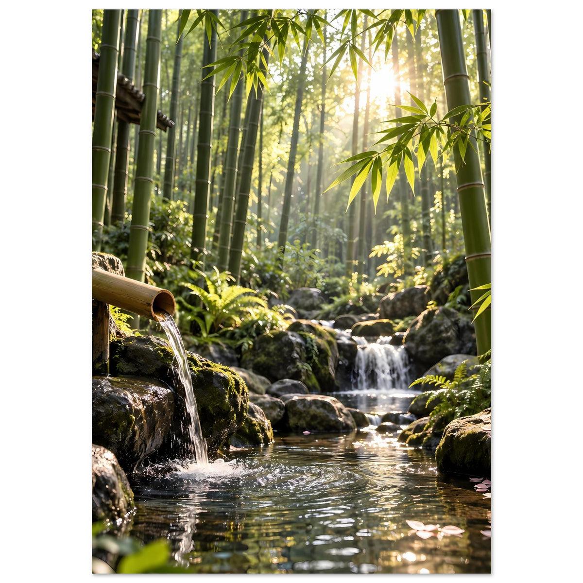 Vertikales Naturposter mit Bambus, Wasserfall und spiegelndem Bach