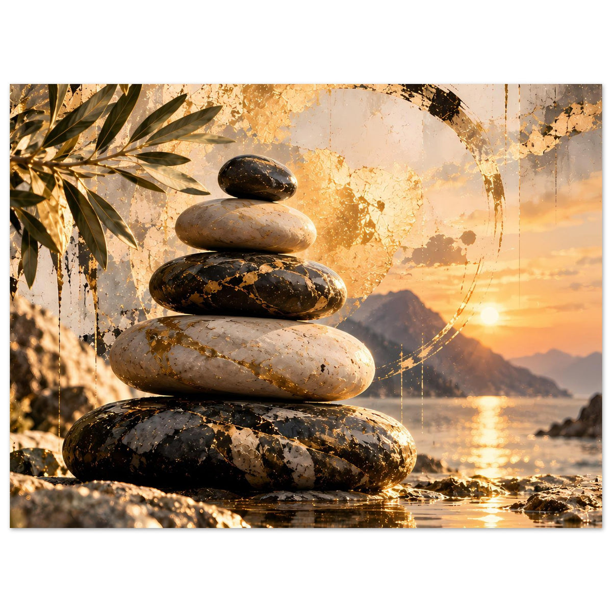 Zen-Poster, quadratisch zugeschnitten: Steine übereinander, goldener Lichtbogen und Meer