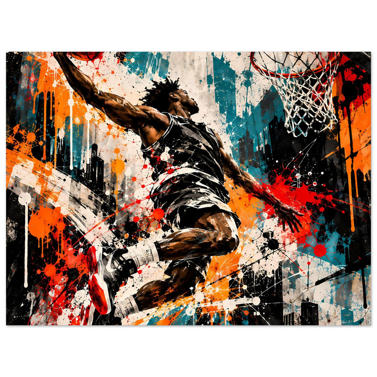 Basketball-Poster quer mit Splash-Design: Dunking-Spieler, Orangeball, Netz, Spritzer