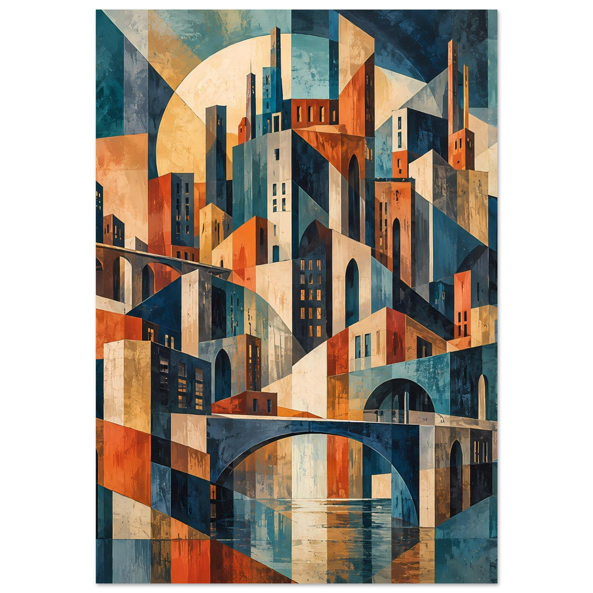 Geometrisches Stadtmotiv-Poster mit Fluss und Bogenbrücke, Hochformat