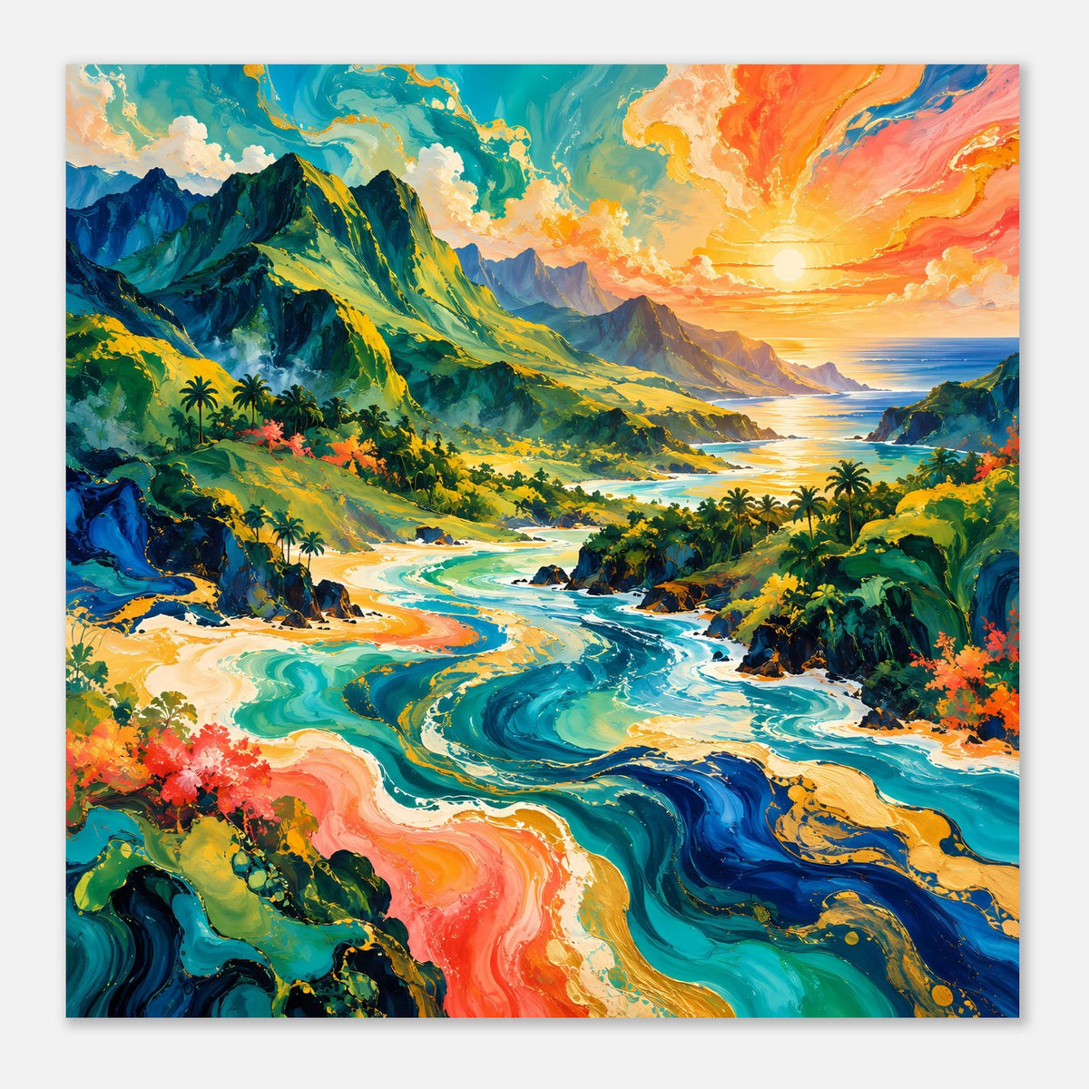 Tropisches Sonnenuntergangs-Poster mit Rahmen, quadratisch: Sonne über Bergen und Küste